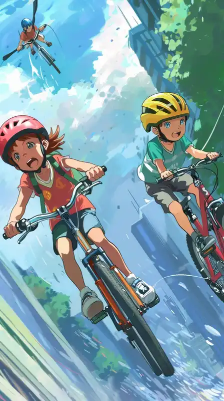 two children racing on their bycicles