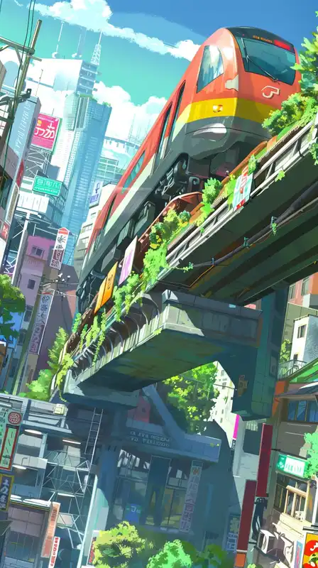 a futuristic train going trough a futuristic nature packed city