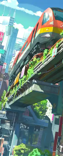 a futuristic train going trough a futuristic nature packed city