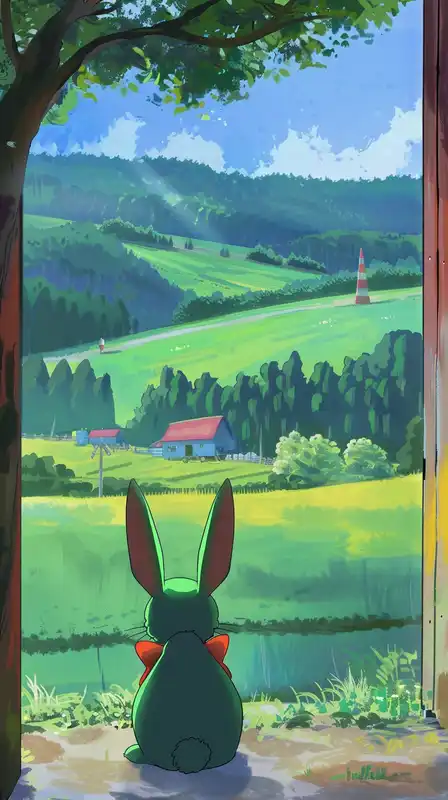 a bunny sitting in the shadow of a tree, a farm in the background