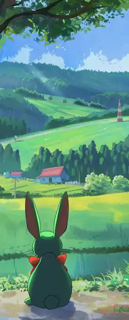 a bunny sitting in the shadow of a tree, a farm in the background