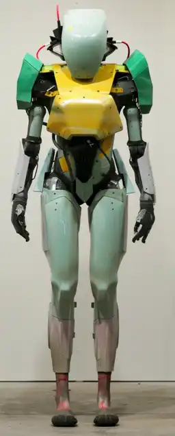 A grey robotic character with legs and arms–realistic techniques