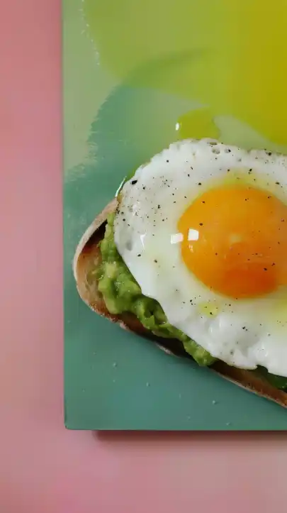 oast with guacamole and fried egg, photo for the restaurant menu, macro photo