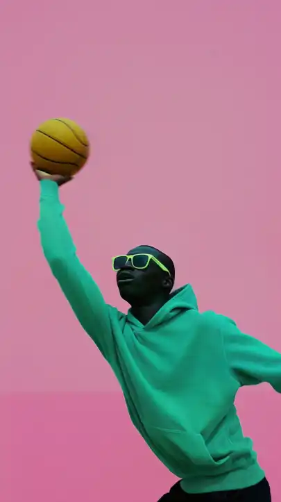 black athlete wearing nike shoes and hoodie and sunglasses shooting a basketball