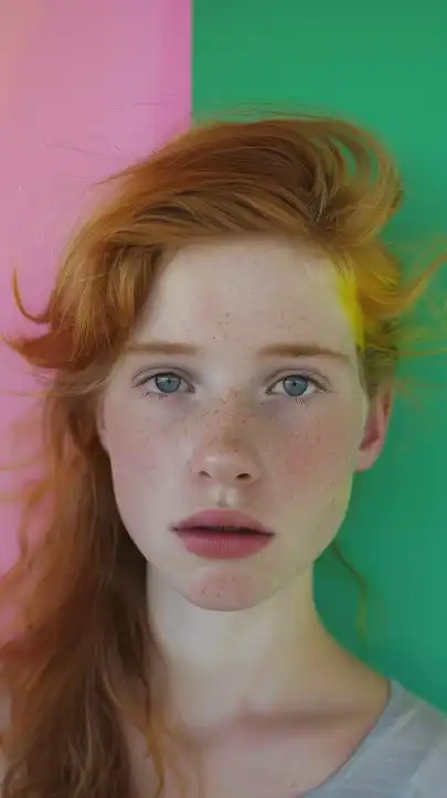Portrait shot of a cute beautiful woman, with orange hair and with bright blue eyes
