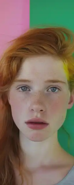 Portrait shot of a cute beautiful woman, with orange hair and with bright blue eyes