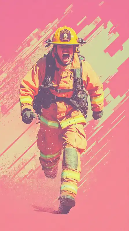a firefighter screaming and running from a big fire in the background