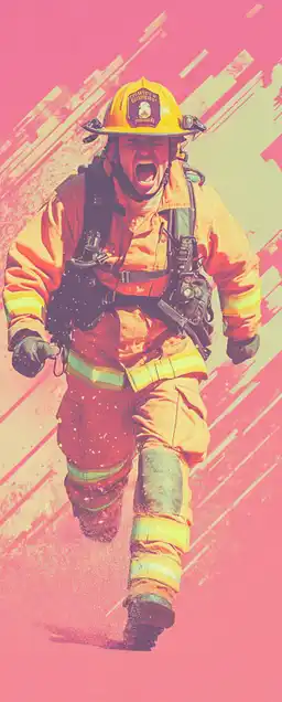 a firefighter screaming and running from a big fire in the background