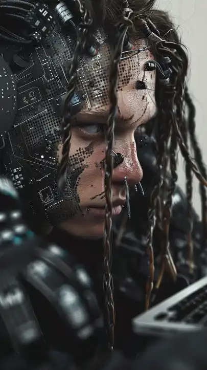 a cyberpunk hacker connected with cable plugs on his head to his laptop