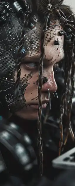 a cyberpunk hacker connected with cable plugs on his head to his laptop