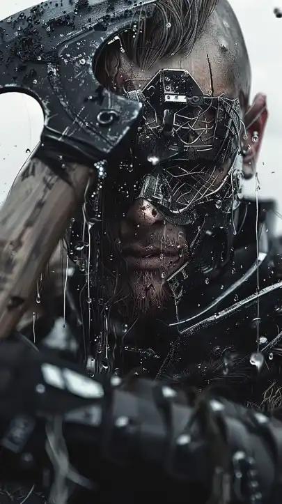 a futuristic viking warrior swinging his axe towards the camera