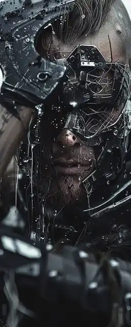 a futuristic viking warrior swinging his axe towards the camera