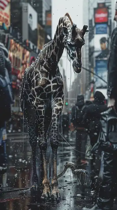 a giraffe walking down times square in new york