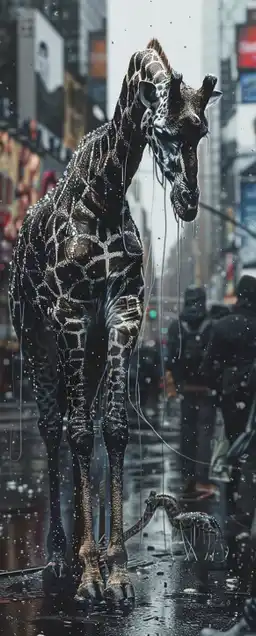 a giraffe walking down times square in new york