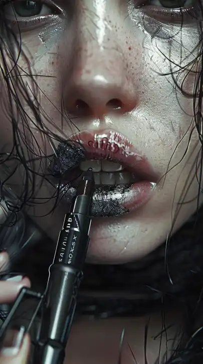 a fashion shot of a female model putting lipstick on her lips