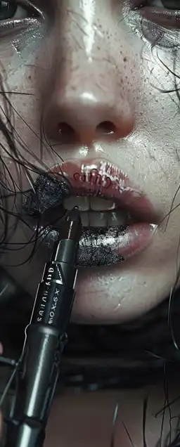 a fashion shot of a female model putting lipstick on her lips