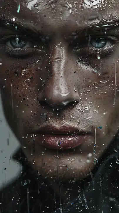 close up shot of a male model with blue eyes in the rain