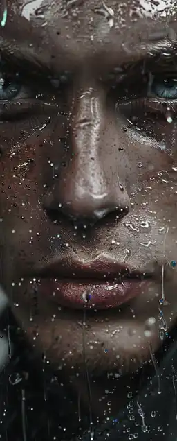 close up shot of a male model with blue eyes in the rain