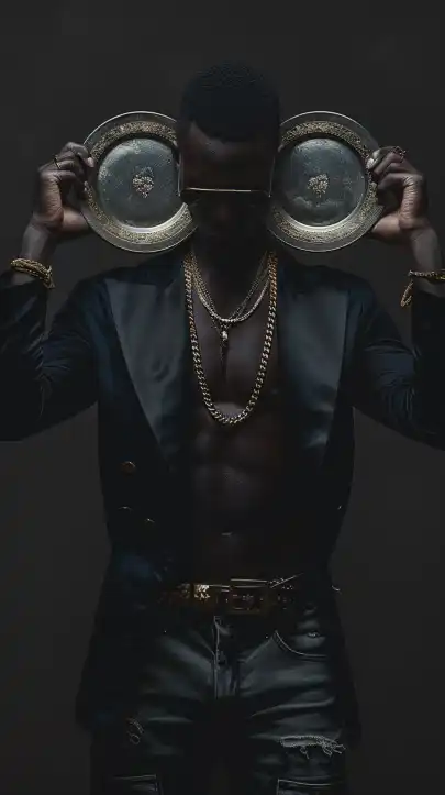 black man holding two plates infront of his face