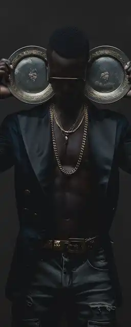 black man holding two plates infront of his face