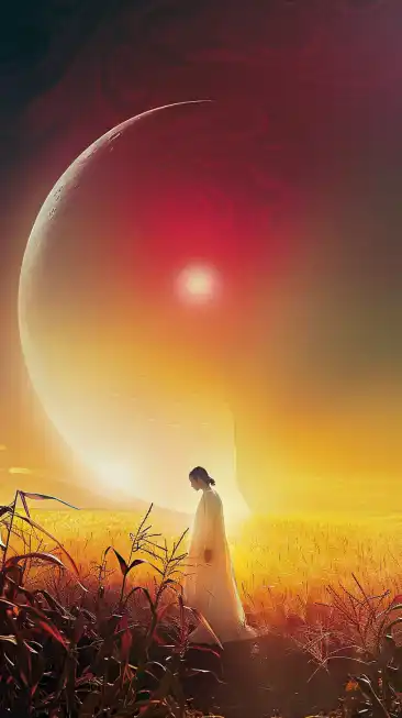a woman in a white dress walking in a corn field