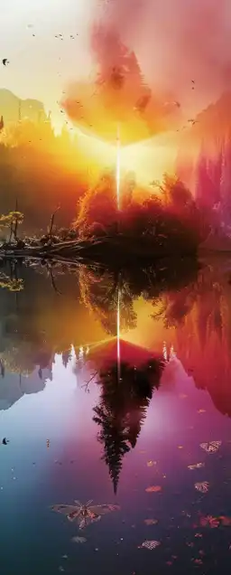 view over a forrest lake with forrest animals in the background