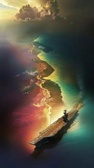 an aircraft carrier on the coast of an carribean island