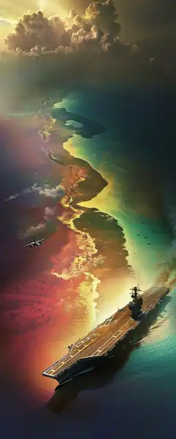 an aircraft carrier on the coast of an carribean island