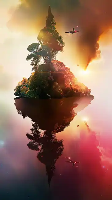 a tiny island floating in the sky, alien spaceships buzzing around