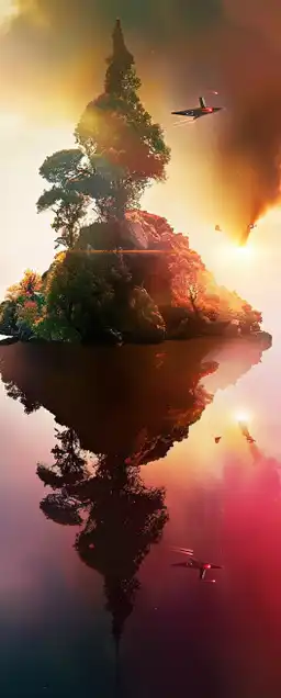 a tiny island floating in the sky, alien spaceships buzzing around