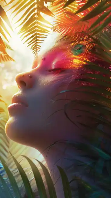 close up fashion shoot of a female model in a lush jungle setting