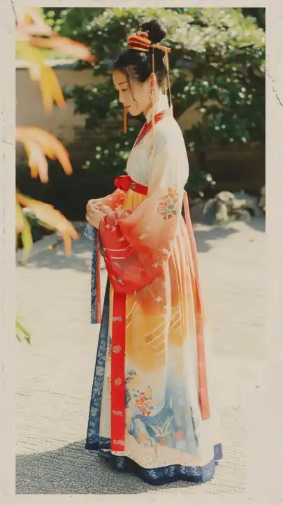 a chinese woman in a classic dress standing in a feng shui garden