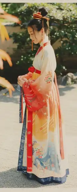 a chinese woman in a classic dress standing in a feng shui garden