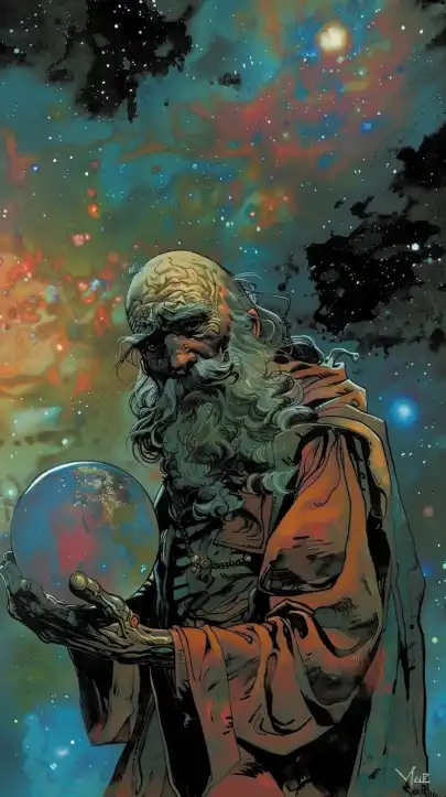 old man with long beard holding the world in his hands, universe in the background with colorful galaxies