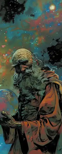 old man with long beard holding the world in his hands, universe in the background with colorful galaxies