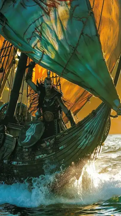 close up shot of a viking on his ship sailing on the ocean