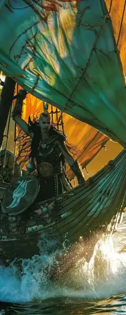 close up shot of a viking on his ship sailing on the ocean