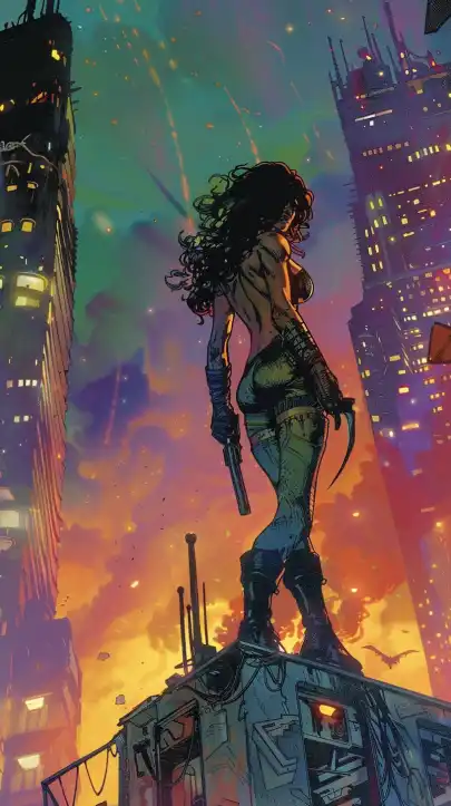 a warrior woman standing on a skyscraper roof overwatching a post-apocalyptic burning city skyline