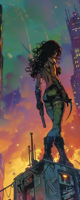 a warrior woman standing on a skyscraper roof overwatching a post-apocalyptic burning city skyline