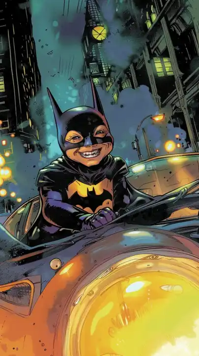 a comic baby batman smiling and sitting on the trunk of his sports car