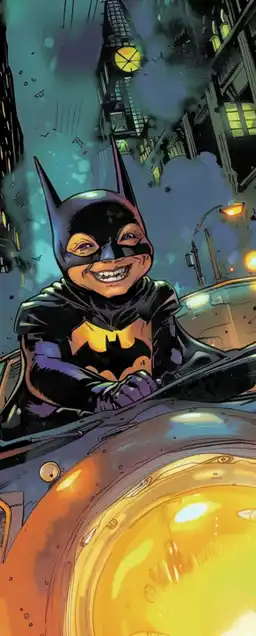 a comic baby batman smiling and sitting on the trunk of his sports car