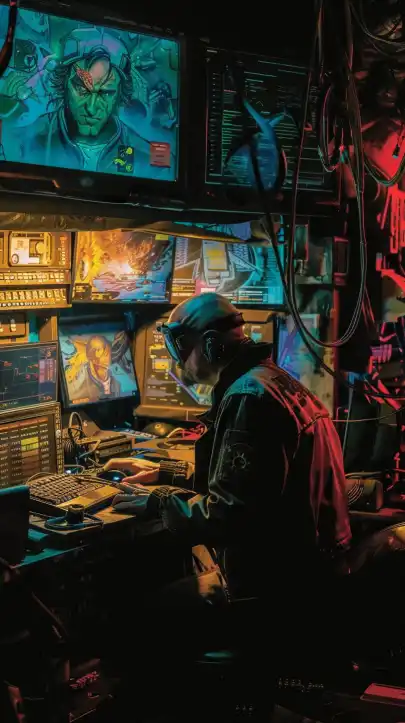 a cyberpunk hacker sitting inside his hideout filled with computers and screens