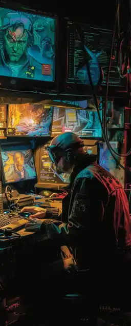 a cyberpunk hacker sitting inside his hideout filled with computers and screens