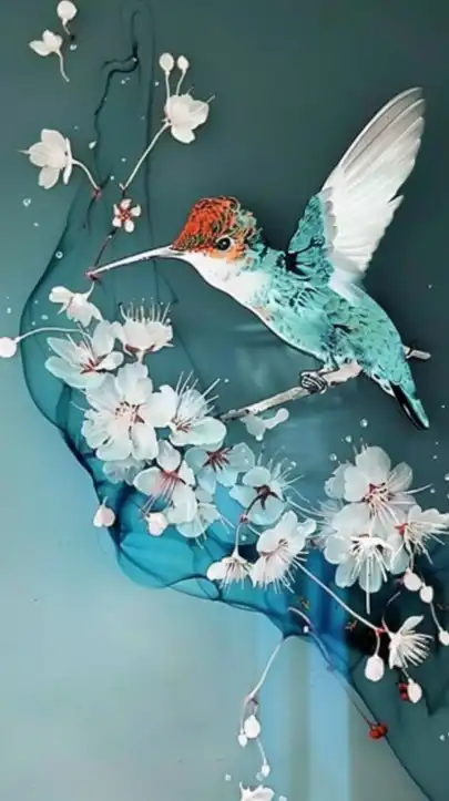 a colibri on cherry blowwom flowers