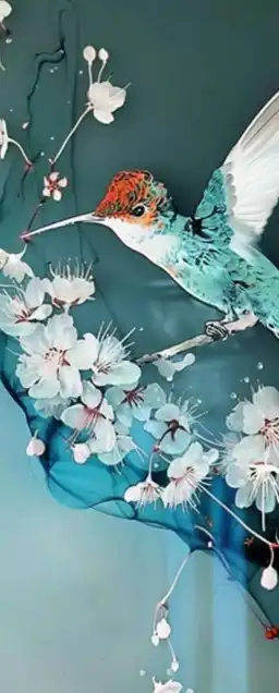 a colibri on cherry blowwom flowers