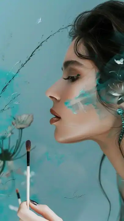 fashion shoot of a female model painting her lips with a lipstick