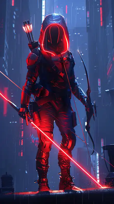 A neon archer in a glowing exo-suit standing on the edge of a rain-soaked rooftop, cybernetic bow charged with electric energy, city lights blurring behind them in motion