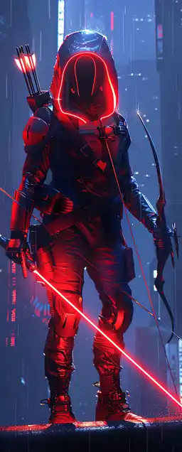 A neon archer in a glowing exo-suit standing on the edge of a rain-soaked rooftop, cybernetic bow charged with electric energy, city lights blurring behind them in motion