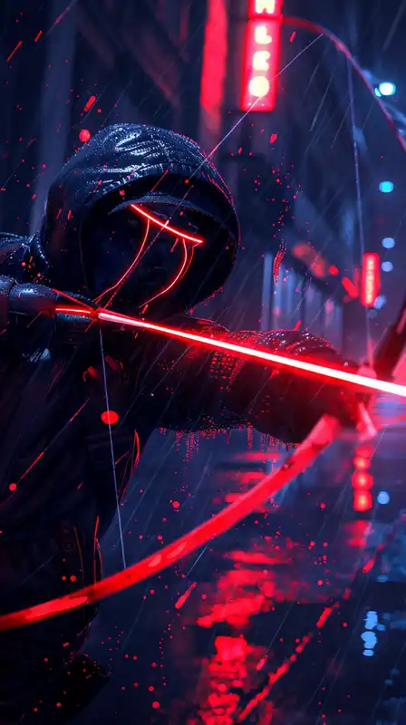 Mid-shot of a masked archer firing a plasma arrow in slow motion, glowing arrows trailing light, dark alley with pink and teal neon signs reflecting off puddles, dramatic angle