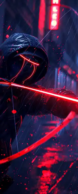 Mid-shot of a masked archer firing a plasma arrow in slow motion, glowing arrows trailing light, dark alley with pink and teal neon signs reflecting off puddles, dramatic angle